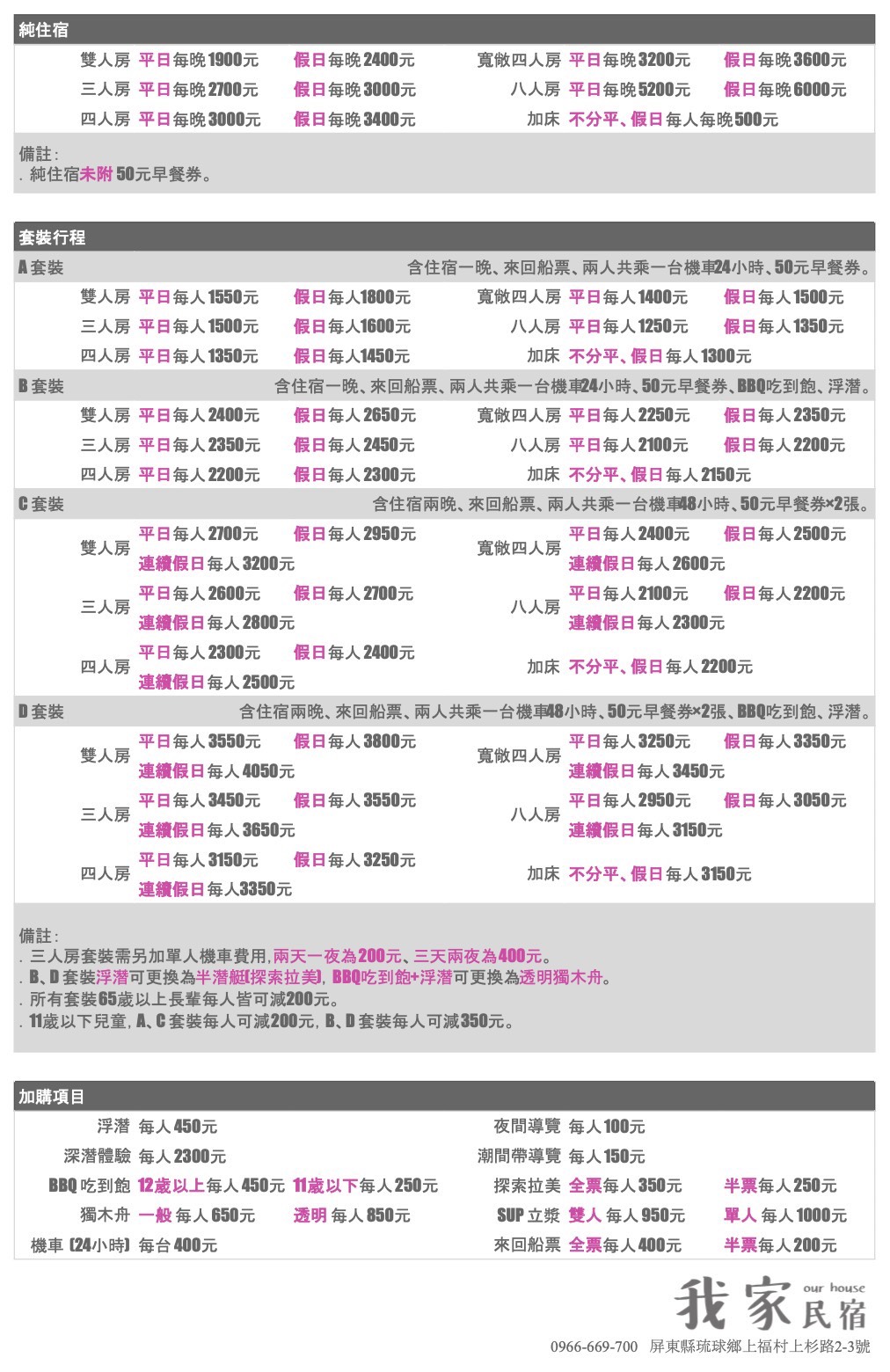 2026民宿價格表